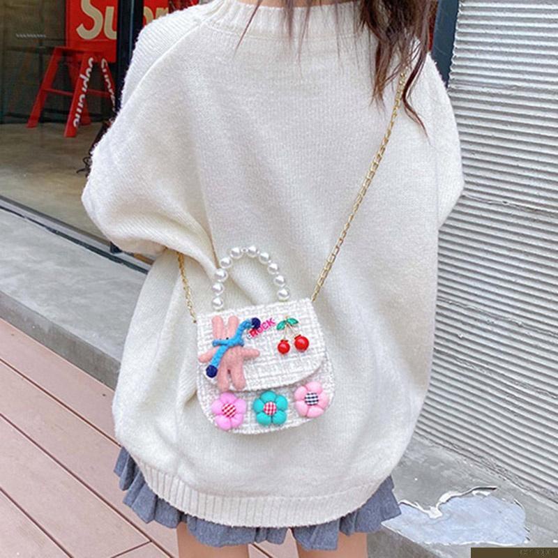Túi xách đeo chéo vai dây xích đính hạt ngọc in hoạt hình đáng yêu cho bé gái