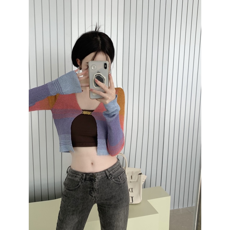 QADCOL Áo Khoác Cardigan Dệt Kim Tay Dài Dáng Ngắn Mỏng Nhẹ Họa Tiết Kẻ Sọc Thời Trang Mùa Hè Phong Cách Cổ Điển Cho Nữ