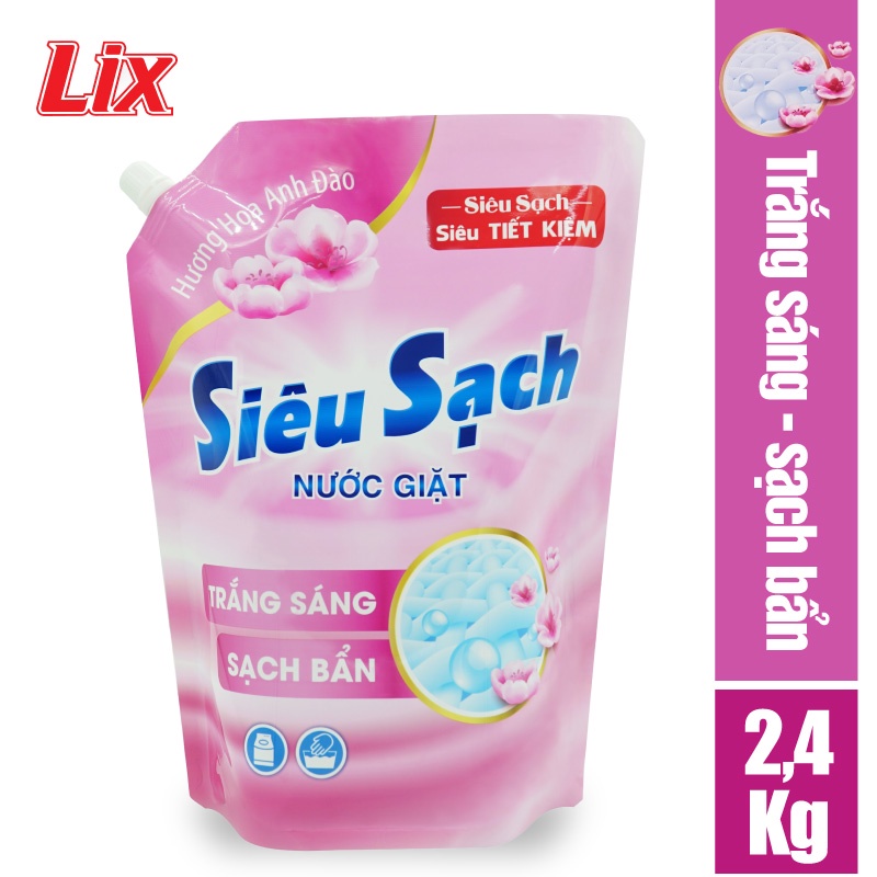 Túi nước giặt Lix Siêu sạch 2,4kg Hương Hoa Anh Đào - Tẩy Sạch Cực Mạnh Vết Bẩn