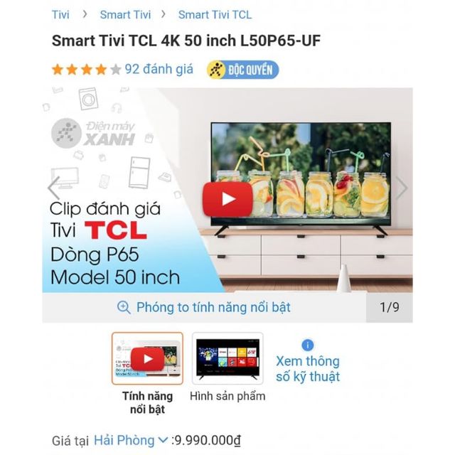 Smart Tivi TCL 4K 50 inch L50P65-UF khuyến mại