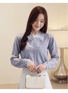 Áo len cúc ngọc buộc nơ cho nữ