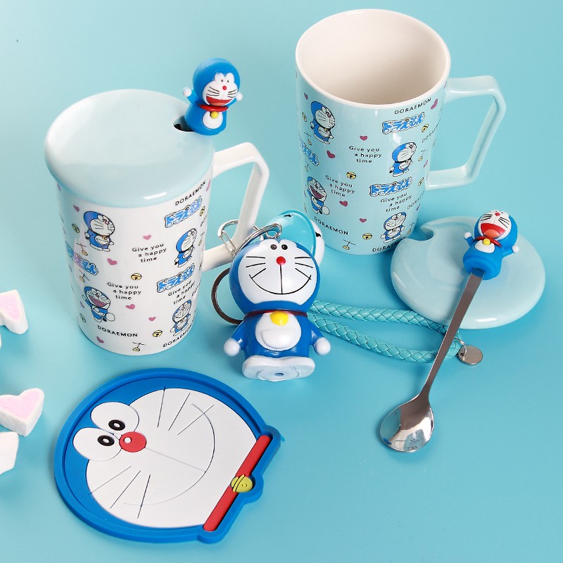 Cốc Sứ Uống Cà Phê Có Nắp Đậy Và Muỗng Hình Hello Kitty / Doremon Đáng Yêu