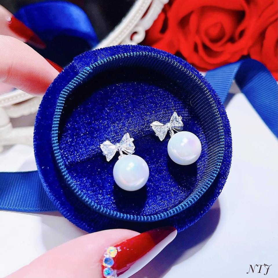 Bông tai nữ bạc ta, bông tai nơ đá gắn hạt trai sang chảnh - Kho sỉ bạc Nhất Linh