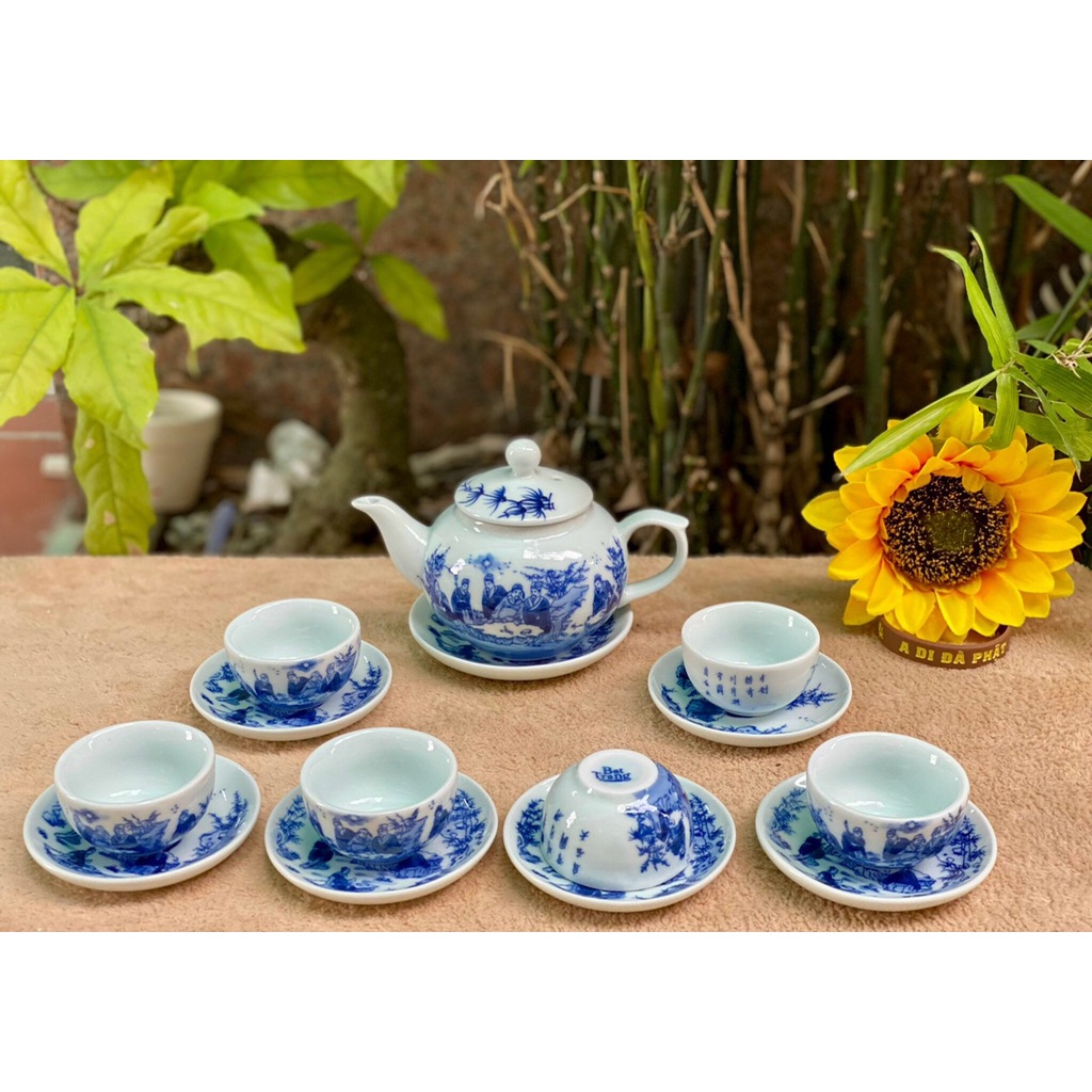 Ấm chén sứ trắng vẽ men lam Nhà Lò Bát Tràng-bộ Trúc Lâm Thất Hiền