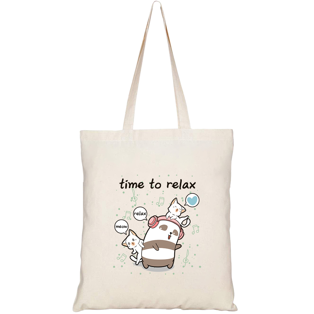 Túi vải tote canvas HTFashion in hình họa tiết Gấu trúc và mèo nghe nhạc HT45