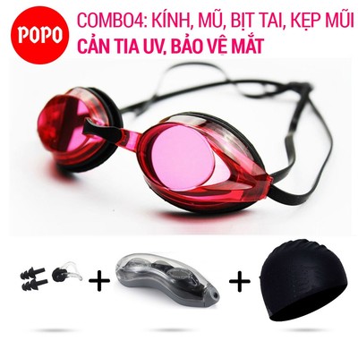 Kính bơi thi đấu kèm mũ bơi, bịt tai kẹp mũi POPO 1154 mắt trong cho người lớn chống tia UV