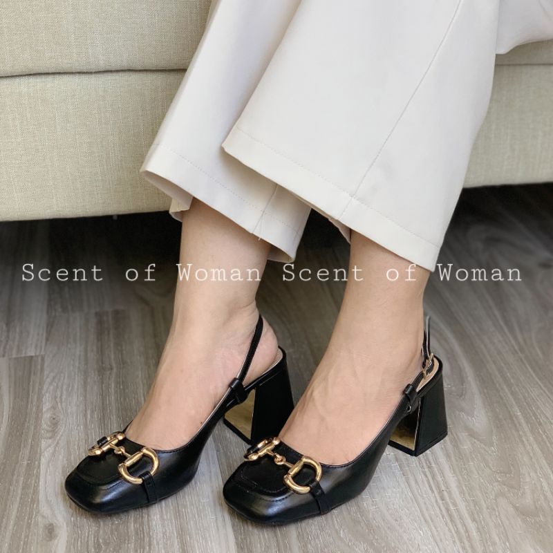 Giày cao gót nữ mũi vuông gắn khoá thời trang gót trụ cao 7.5cm