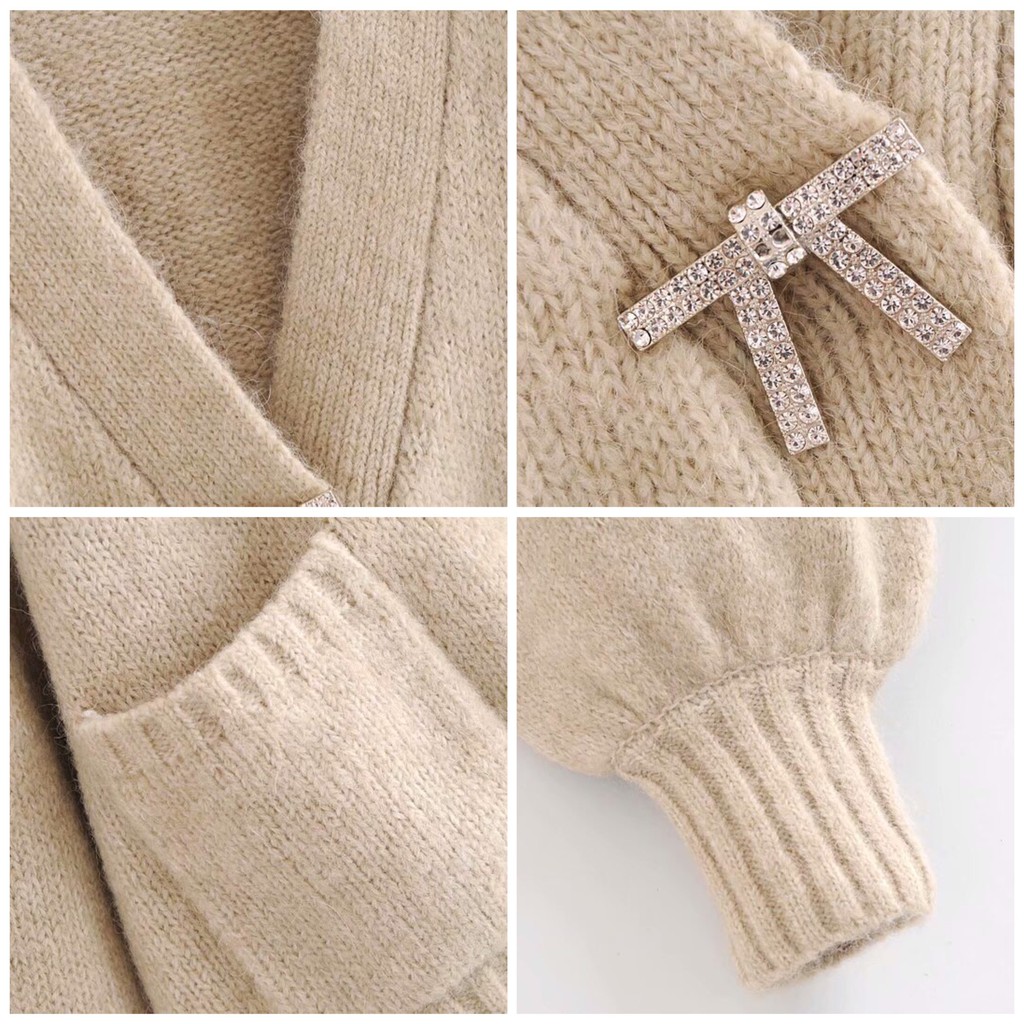 Set áo khoác len cardigan croptop tay bồng + áo 2 dây bản to cổ vuông đính nơ đá ZR Ulzzang siêu đẹp ❤️
