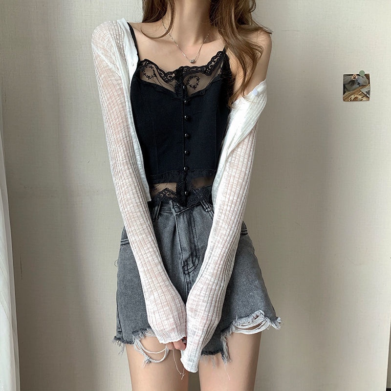 Áo Hai Dây Dệt Kim Màu Trắng Hở Rốn Thiết Kế Cảm Giác Khí Chất Mặc Bên Trong Cho Nữ