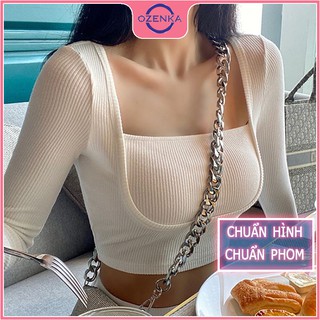 Áo croptop dài tay nữ len tăm tôn ngực ozenka dáng ôm sang chảnh màu đen trắng size dưới 52 cân