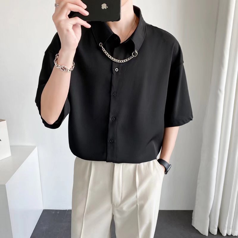 Áo Thun Tay Ngắn Màu Trơn Phối Dây Xích Thời Trang Mùa Hè Cho Nam Và Nữ áo kiểu hàn quốc áo thun nam from rộng áo from rộng nữ thể thao sơ mi nam