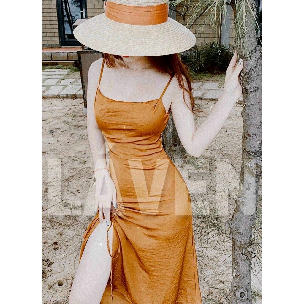 Đầm maxi 2 dây sẻ tà rút dây co mút ngực sexy sang chảnh