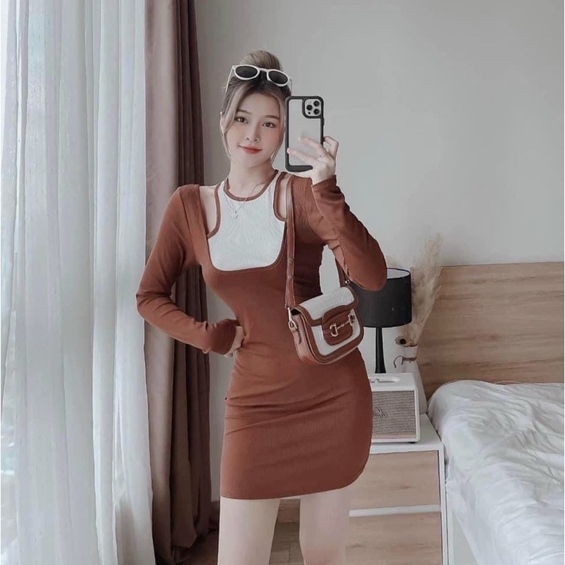 Đầm Body Viền Tay Dài Cổ Yếm Phối Màu Hottreen Hình thật cuối