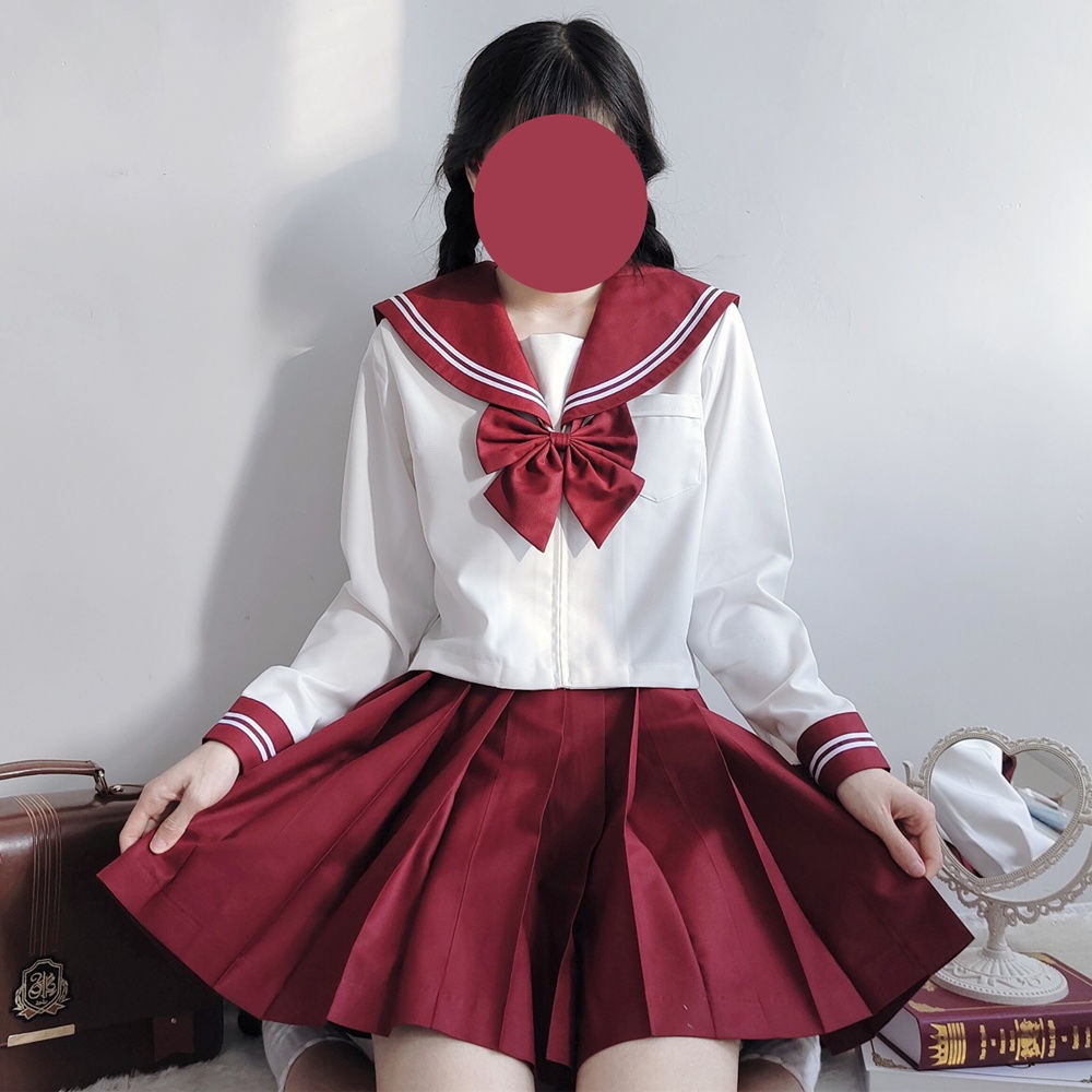 Bộ Đồng Phục Nữ Sinh Nhật Bản Màu Đỏ Rượu Ôm Dáng Xếp Ly Dễ Thương