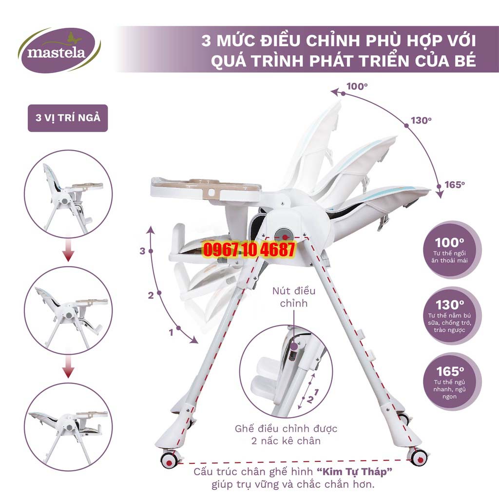 Ghế ăn dặm đa năng cho bé Mastela 1015 có 5 mức nâng hạ độ cao, 3 chế độ ngả, dùng cho bé từ 4 tháng - 5 tuổi