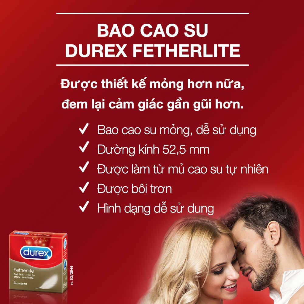 KHUYẾN MÃI SỐC) 3 Hộp Bao cao su Durex Fetherlite 3 bao [Siêu mỏng-nhiều gel bôi trơn]