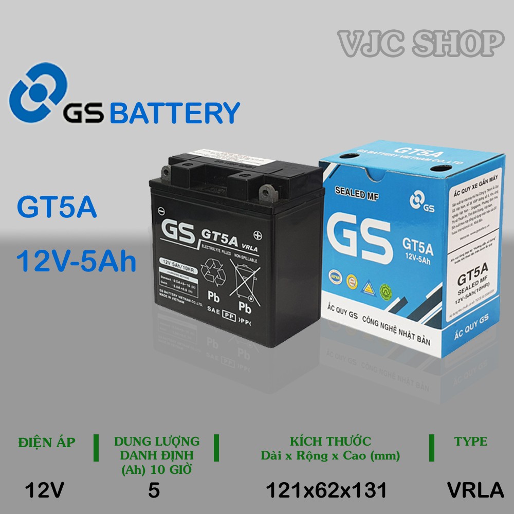 Bình ắc quy xe máy GT5A 12V 5AH chính hãng GS BATTERY loại bình khô, bảo hành 12 tháng