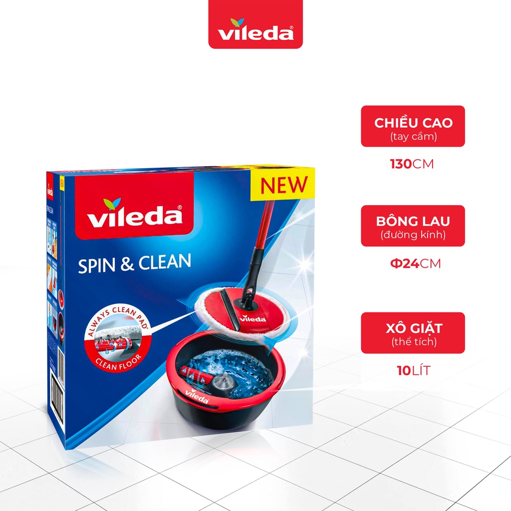 Cây lau nhà Vileda Spin and Clean đầu lau đĩa tròn, xô giặt xoay 360 độ - TSU161821