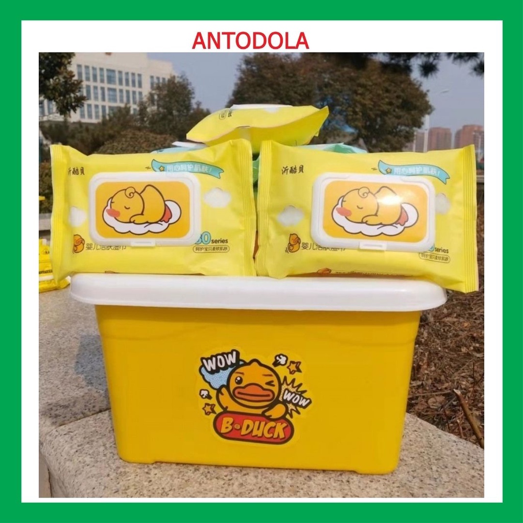 Thùng 10 Gói Khăn Giấy Ướt Vịt Vàng Tiện Dụng Siêu Đáng Yêu Tặng Thùng Nhựa Xinh Xắn