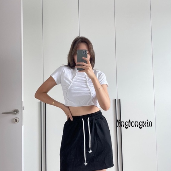 Áo Thun Croptop Tay Ngắn Cổ Cao Màu Trơn Thời Trang Cho Nữ Linglongxi2