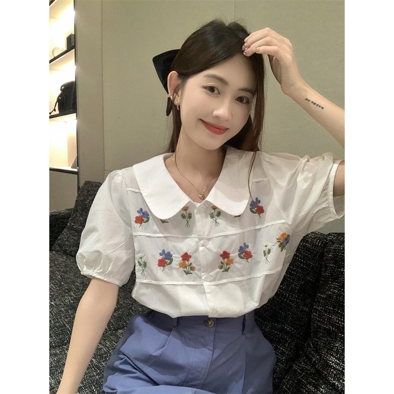 Áo Sơ Mi Trắng Tay Ngắn Cổ Búp Bê Dáng Rộng Thêu Họa Tiết Ngọt Ngào Thời Trang Mùa Hè Mới Cho Nữ