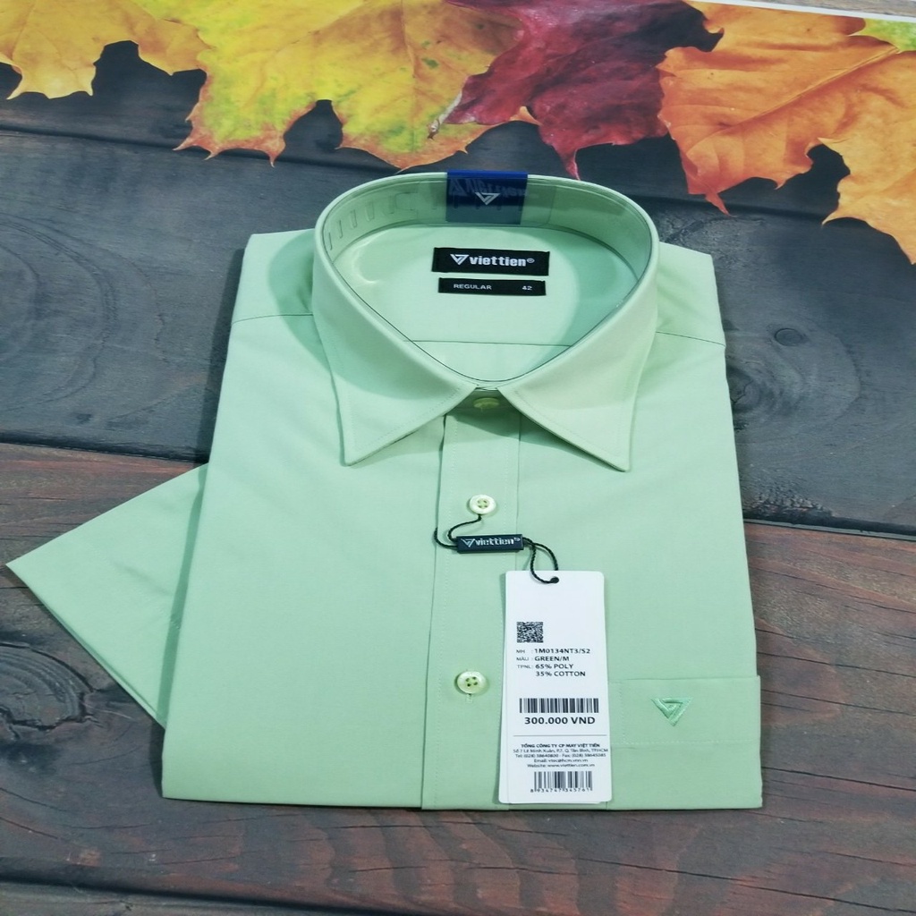 Áo sơ mi nam Việt tiến ngắn tay màu xanh bơ ( Green ) ,chính hãng , cao cấp – form suông REGULAR- tà bầu
