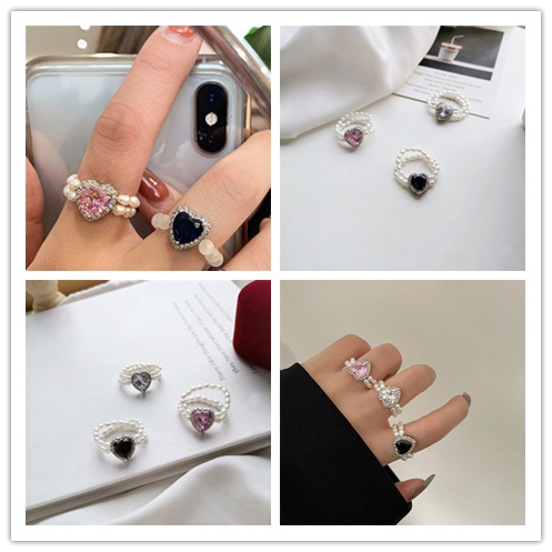 Nhẫn Hai Lớp Hình Trái Tim Đính Đá Pha Lê Và Ngọc Trai Thời Trang Hàn Quốc