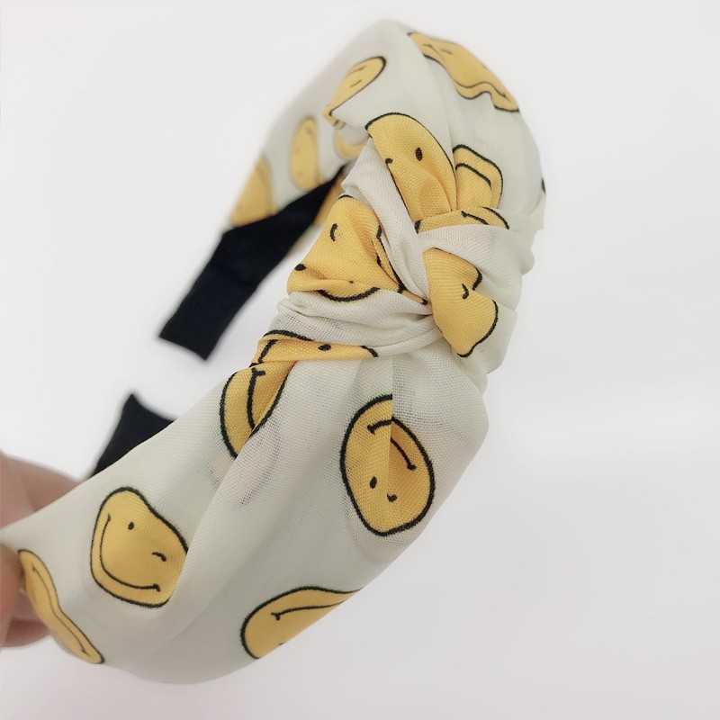 Băng đô vải bản rộng thắt nơ in họa tiết mặt cười đơn giản phong cách Hàn Quốc thời trang dành cho nữ