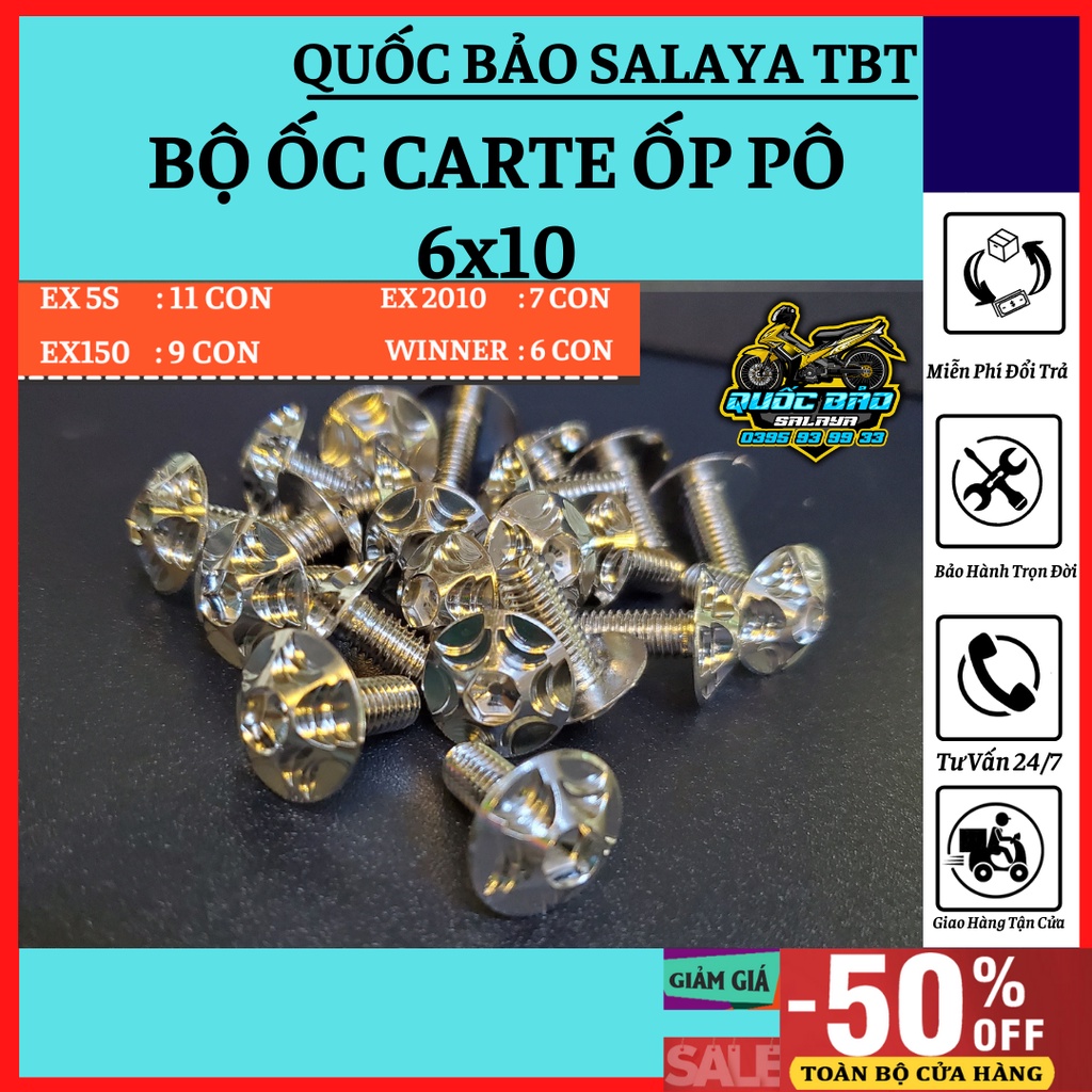 Salaya TBT Bộ ốc carte ốp pô 6x10 inox 304 dành cho exciter winner sonic sirius và các dòng xe