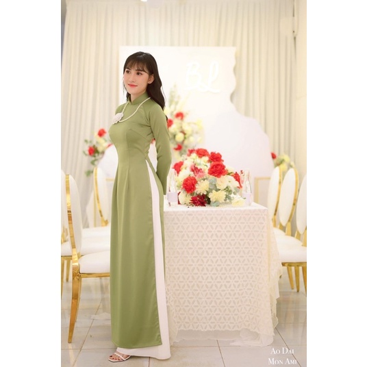áo dài bóng nhẹ xanh bơ hàng đẹp thiết kế
