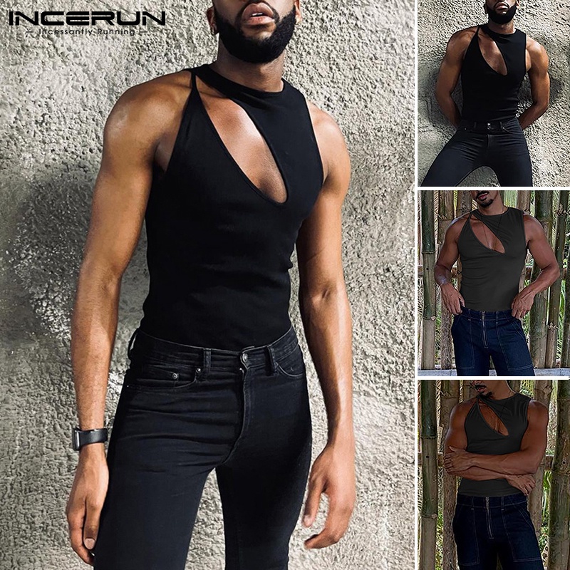 Áo thun INCERUN cổ tròn dáng ôm khoét rỗng không tay thoải mái cho nam màu đen