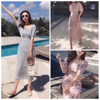Đầm caro cổ vuông tay phồng