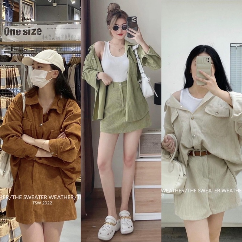 Set kaki nhung xanh 3 món: áo khoác sơ mi + áo ba lỗ trắng + chân váy (về thêm nâu, kem)