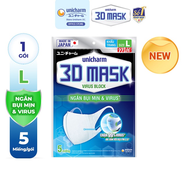 Khẩu trang ngăn vi khuẩn Unicharm 3D Mask Virus Block size L gói 5 cái
