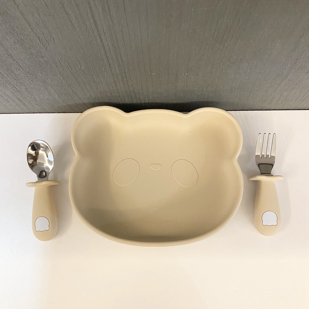 Đĩa ăn silicon cho bé hình gấu có đế hít-Combo đồ dùng ăn dặm: đĩa, set thìa dĩa inox, cốc 3in1, yếm máng silicon cho bé