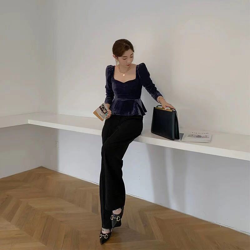 Áo Sơ Mi Tay Dài Phồng Cổ Vuông Chất Nhung Thời Trang Mùa Thu Phong Cách Pháp Cổ Điển Cho Nữ