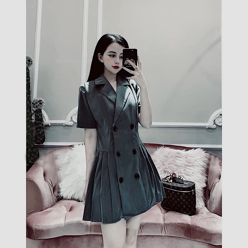 Đầm váy xám cổ vest xếp li
