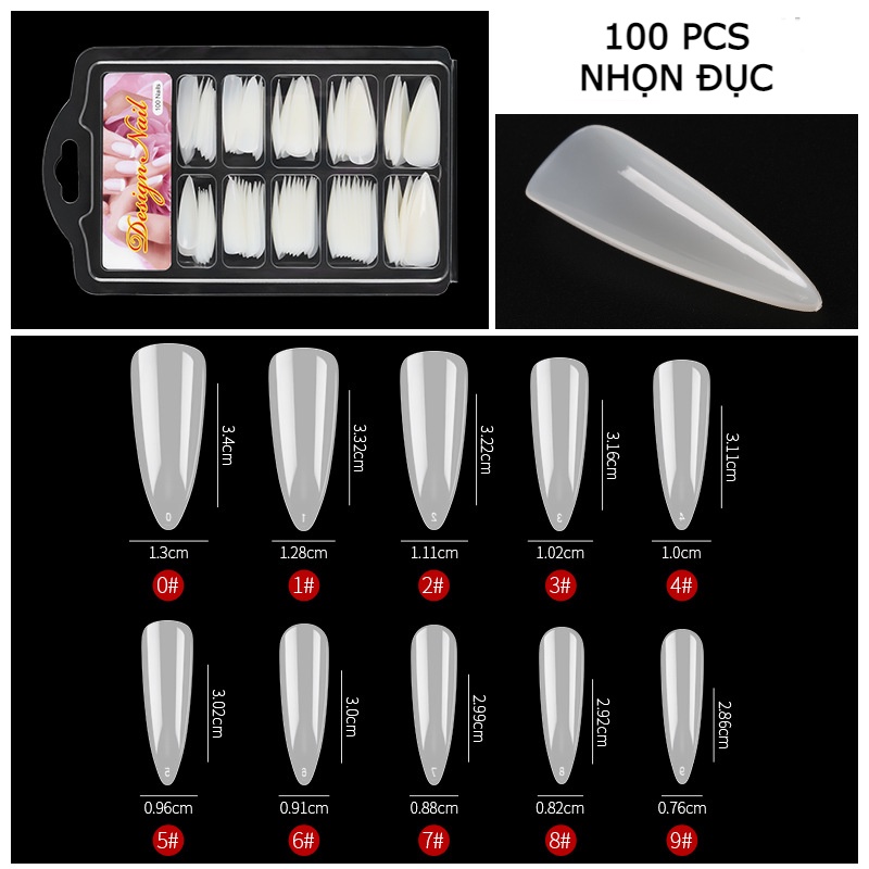 Hộp 100 móng úp form thang, móng giả đủ size chất liệu nhựa ABS siêu dẻo không cần mài dũa nhập hiệu pinpai