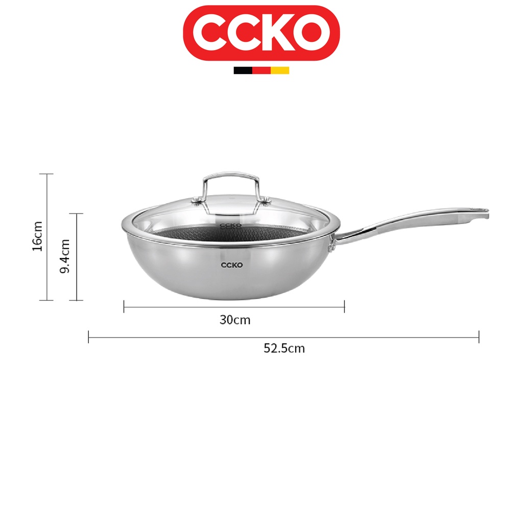 Chảo xào sâu lòng đáy 3 lớp inox, vung kính cường lực cao cấp CCKO