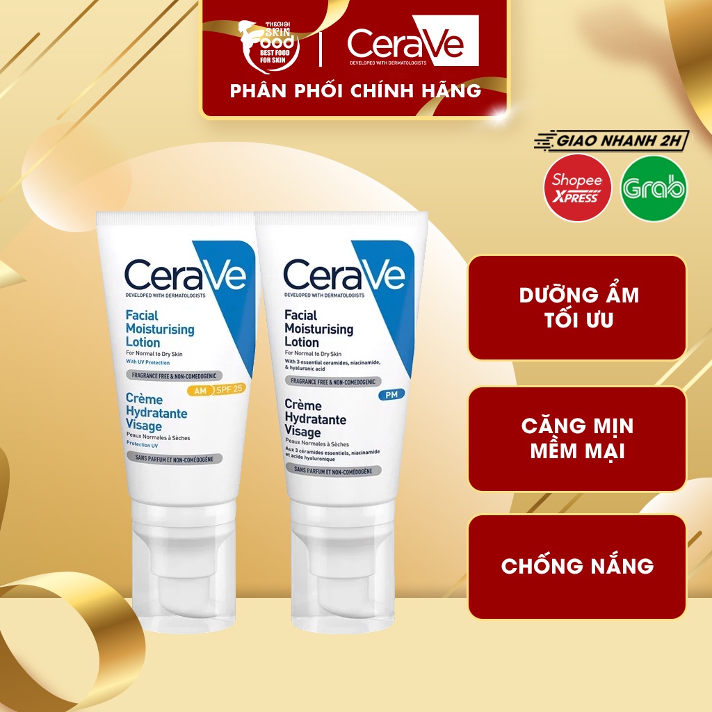 Sữa Dưỡng Ẩm Ban Ngày Và Đêm Dành Cho Da Khô Cerave Developed With Dermatologists Facial Moisturising Lotion AM, PM 52ml