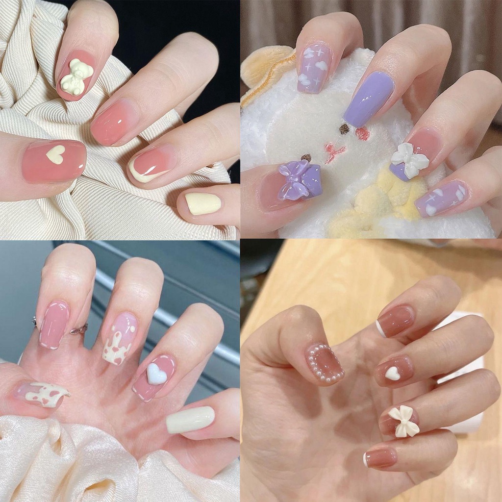 Bộ 24 Móng Tay Giả Đầu Tròn / Vuông / Trái Tim / Nơ Xinh Xắn