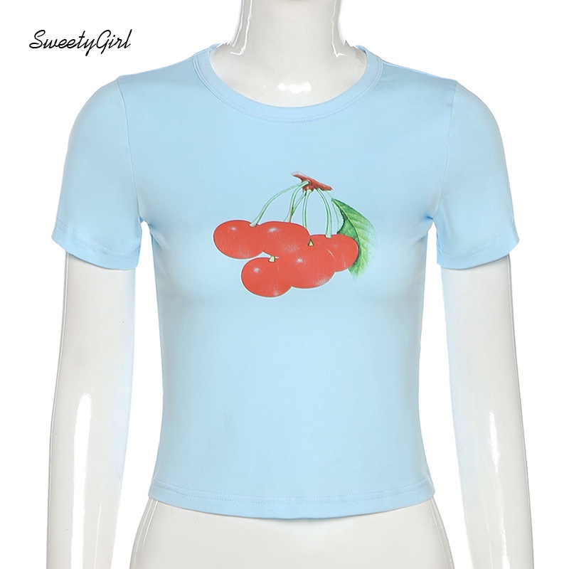 Áo Croptop Tay Ngắn Cổ Tròn In Họa Tiết Quả Cherry Thời Trang Dành Cho Nữ