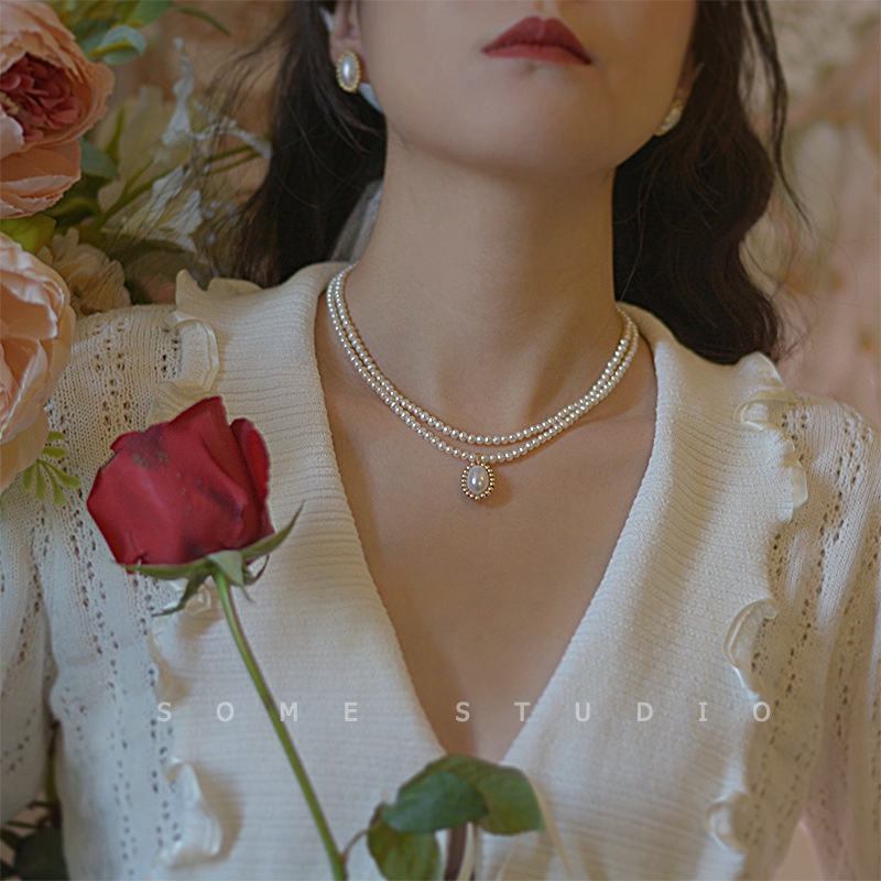 We Flower Vòng cổ choker đính ngọc trai giả 2 lớp vintage cổ điển cho nữ/bé gái