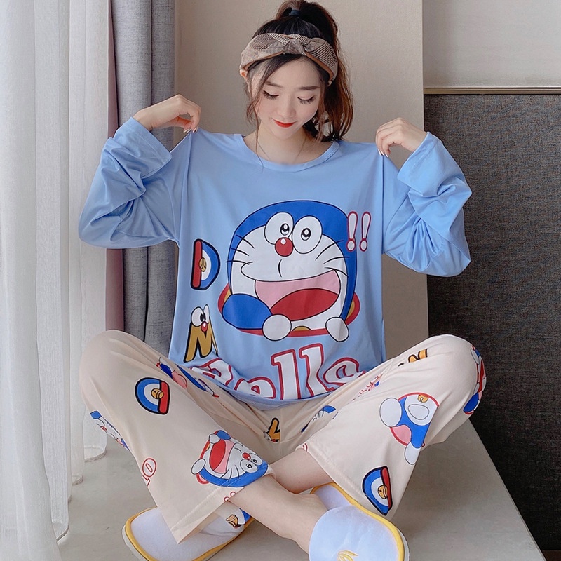 Bộ đồ ngủ dài tay mềm mại in họa tiết xinh xắn cho nữ