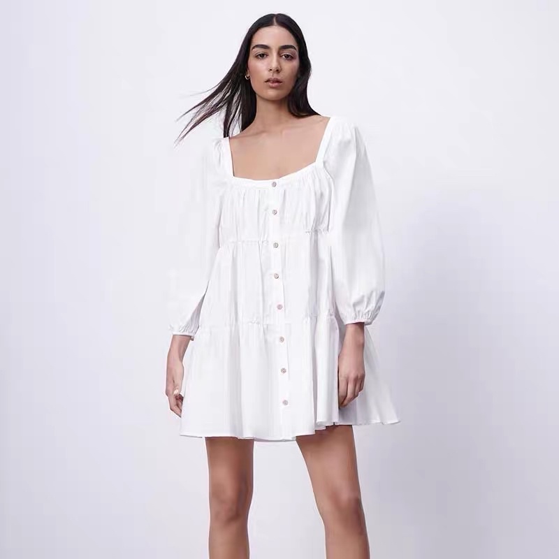 Váy baby doll trắng cổ vuông dài tay Zarraaa tuồn sịn