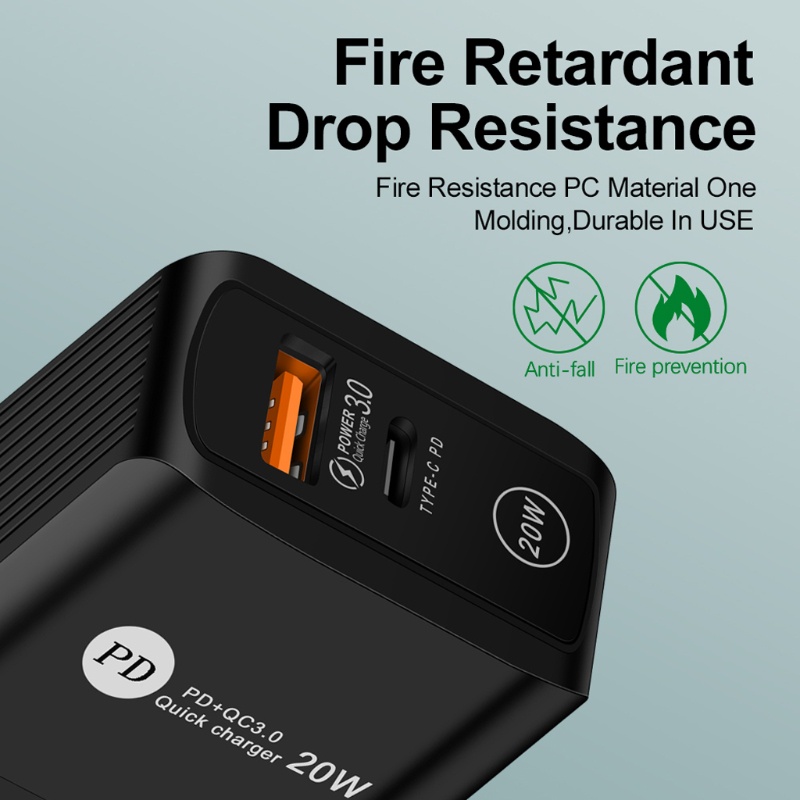 Củ sạc nhanh 3.0 PD USB Type C 20W giắc cắm US/ UK/ EU thông dụng dành cho du lịch