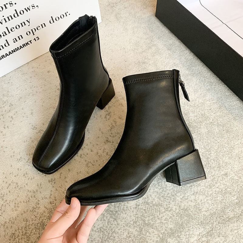 Giày bốt da mềm nữ cao cổ khóa sau cao cấp-boot mũi vuông | BigBuy360 - bigbuy360.vn