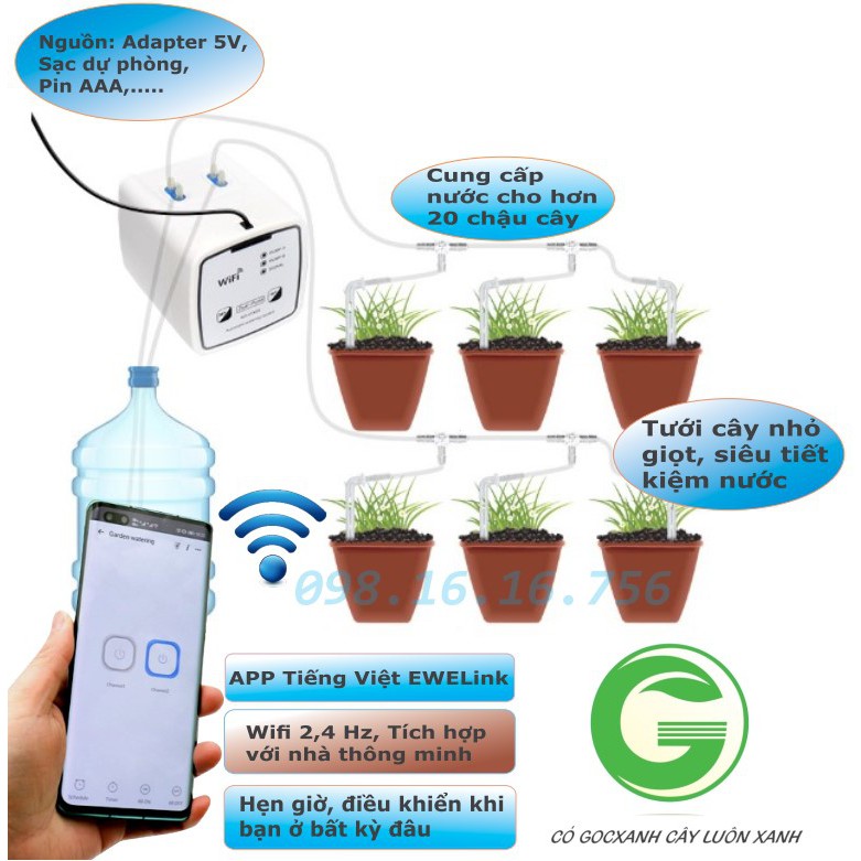 Máy Tưới cây tự động, hẹn giờ điều khiển tưới bằng SmartPhone qua WIFI, App tiếng Việt, BẢO HÀNH dài hạn