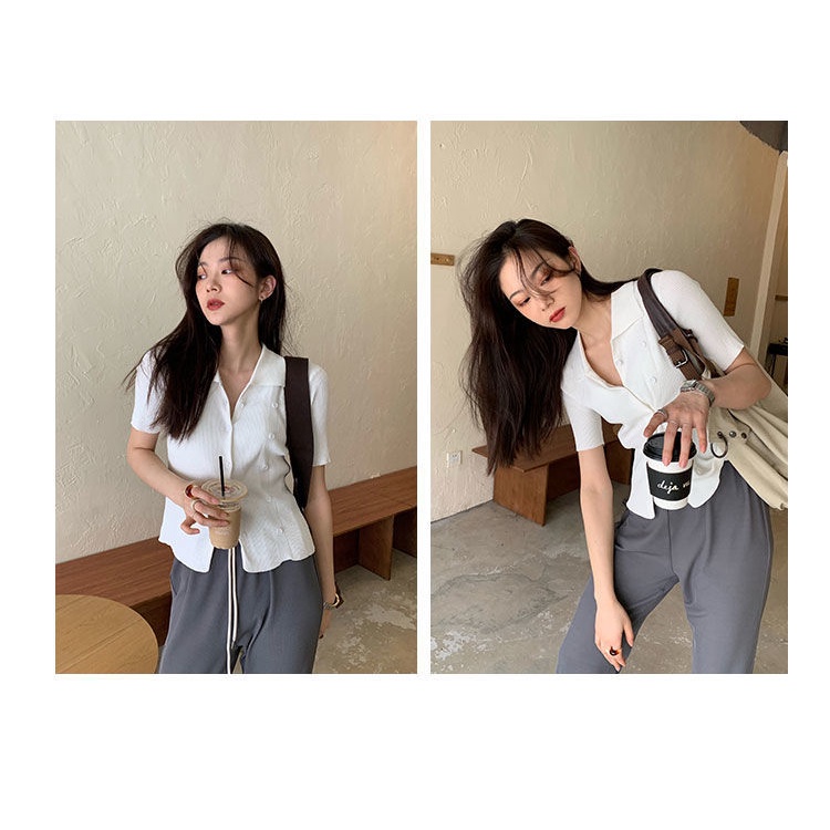 Áo thun dệt kim mỏng tay ngắn cổ Polo phong cách Hàn Quốc thời trang mùa hè hàng mới