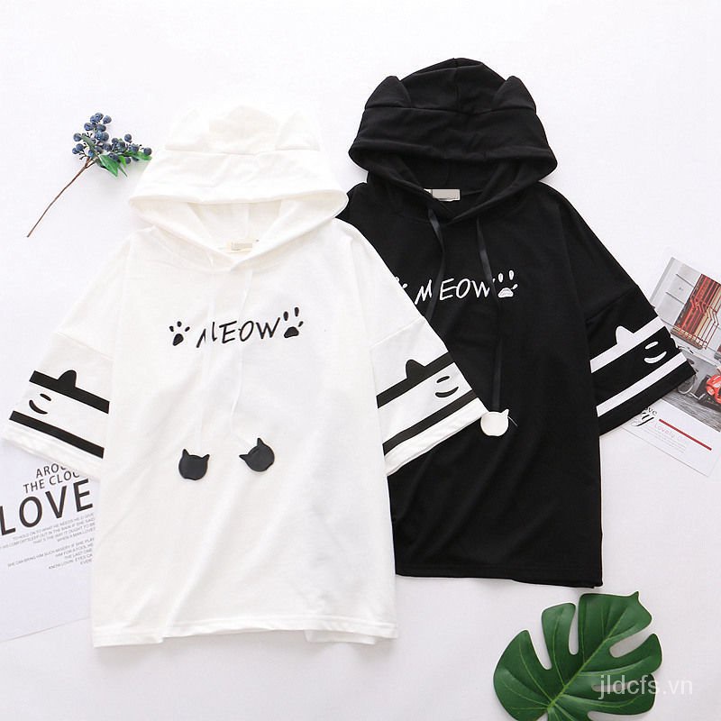Áo hoodie ngắn tay thêu hình chân mèo xinh xắn phong cách Harajuku Nhật Bản dành cho nữ